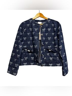 NWT Entro Blue Bow Print Denim Jacket Size Small Dark Wash Girly Boho Chic